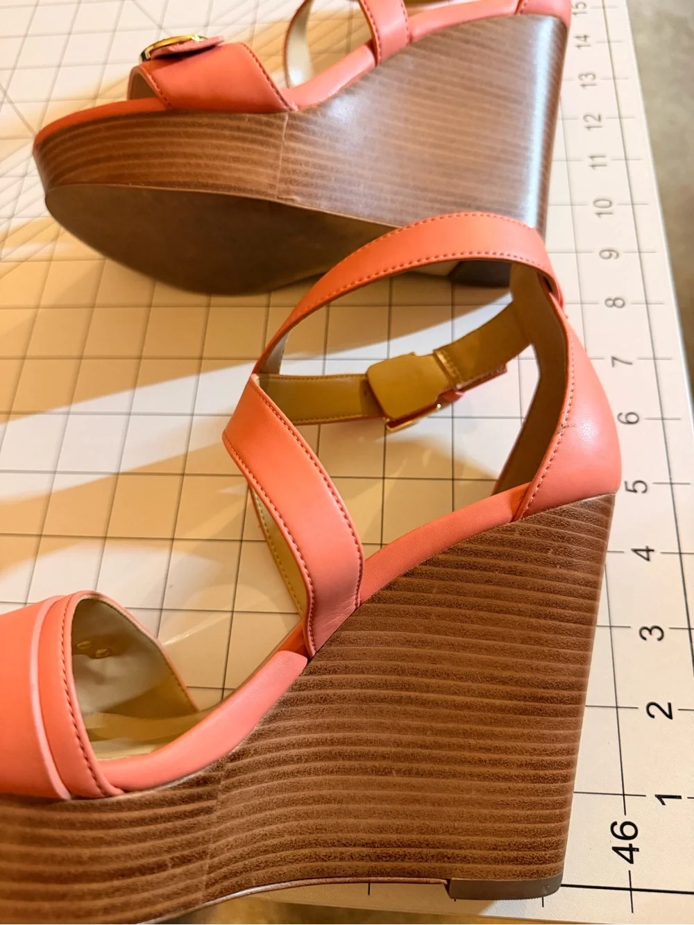 Michael Kors Coral Pink Wedge Sandals with Gold Buckle